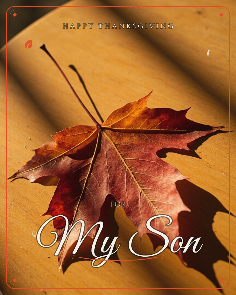 A single maple leaf, turned deep red and burnt orange, rests on a sun-warmed wooden surface with long streaked shadows falling across it, a thanksgiving e-card design