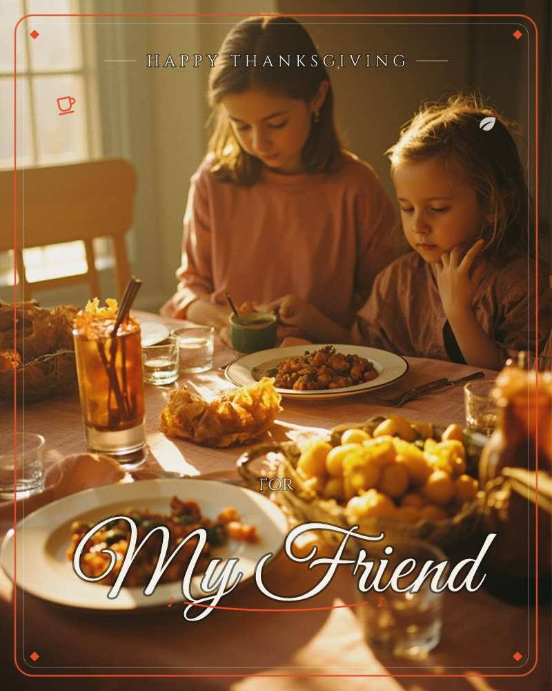 Warm afternoon light pours through a window onto a table set for a family meal, where two children sit quietly over plates of roasted vegetables and…, a thanksgiving e-card design
