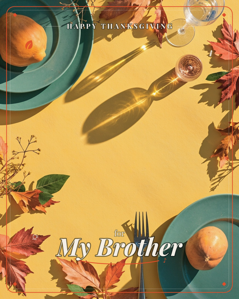 A sunlit tabletop scene shot from above, with teal plates, a wine glass and a small goblet casting long golden shadows across a mustard-yellow surface, a thanksgiving e-card design