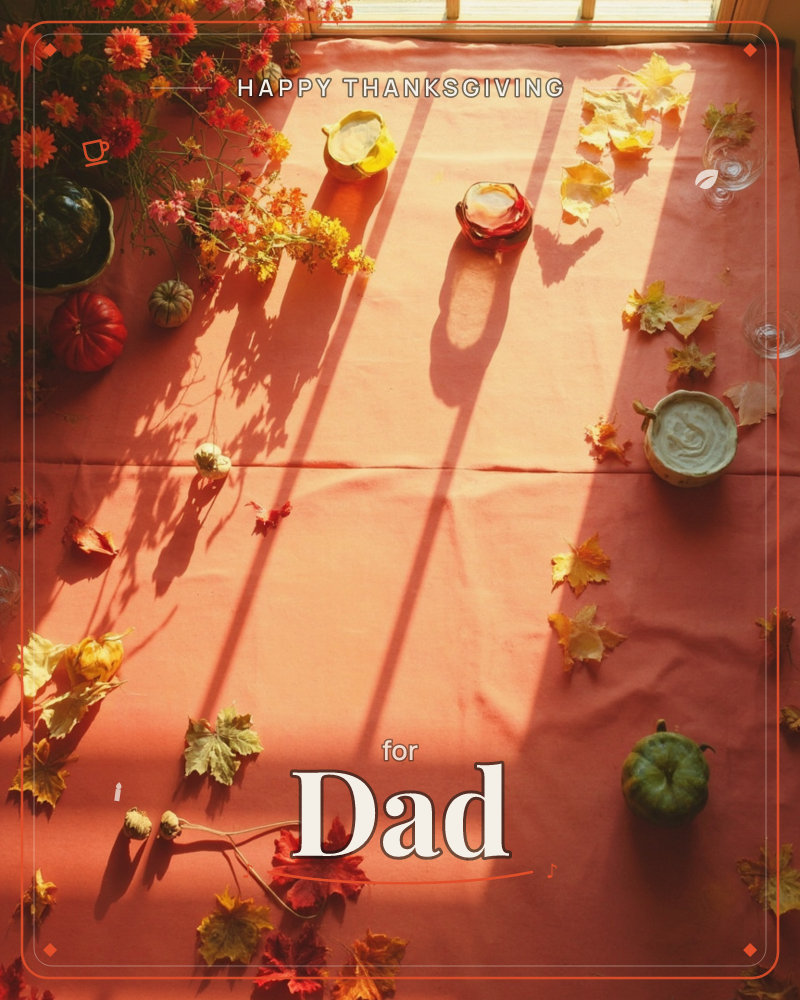 A sunlit tablescape shot from above, with a terracotta-orange cloth striped by window-pane shadows, a thanksgiving e-card design
