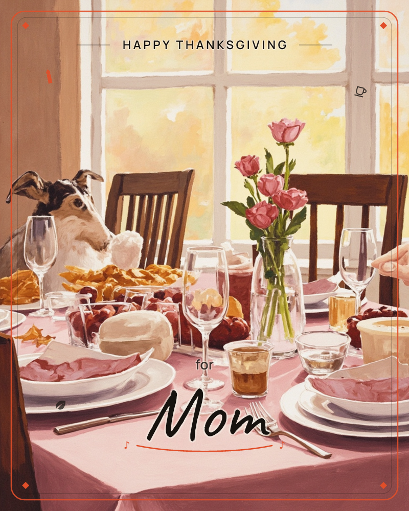 A dog sits up at a set dining table like an honoured guest, facing a spread of waffles, berries, cheese, and pink roses in a glass vase, a thanksgiving e-card design