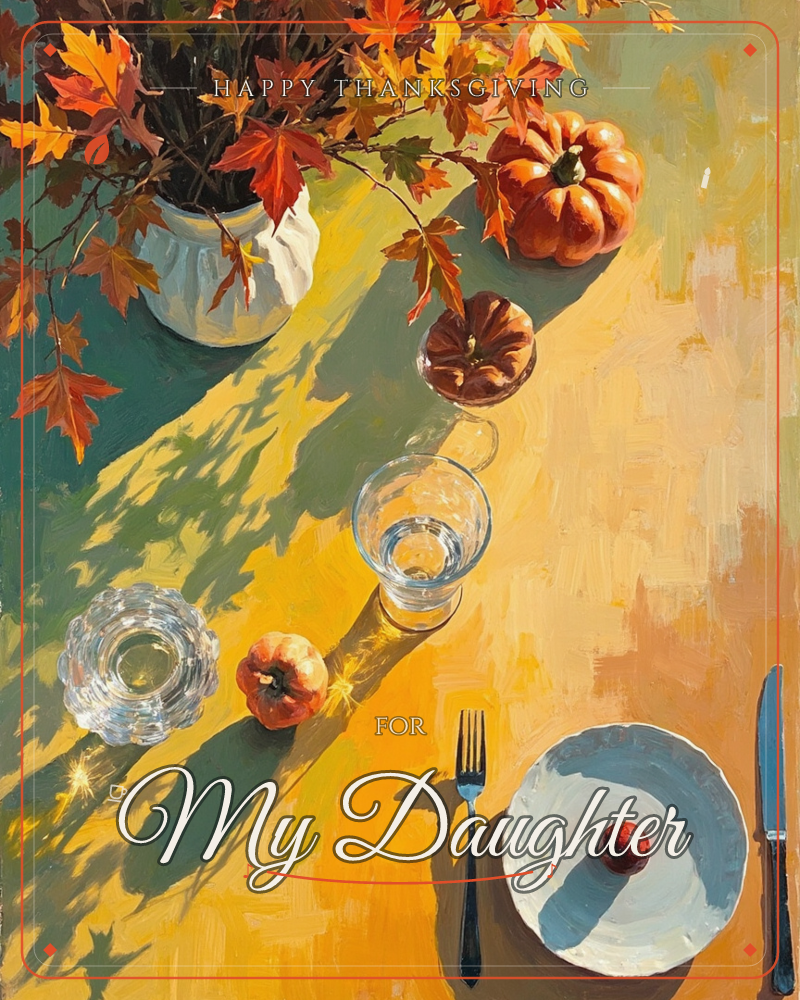 A sunlit autumn table is set with a white jug of turning maple leaves, small ornamental pumpkins, and glassware catching the light, a thanksgiving e-card design