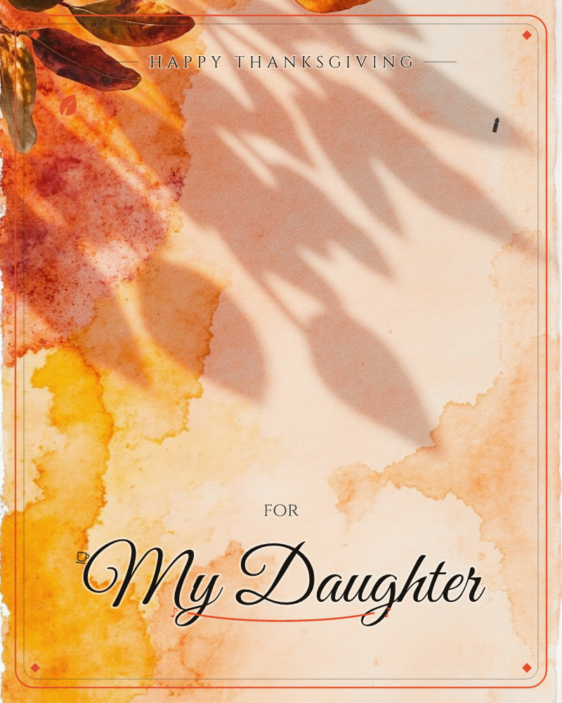 Warm autumn-toned watercolour washes bleed across textured paper in amber, rust and gold, with a cluster of dried leaves in the top corner casting…, a thanksgiving e-card design