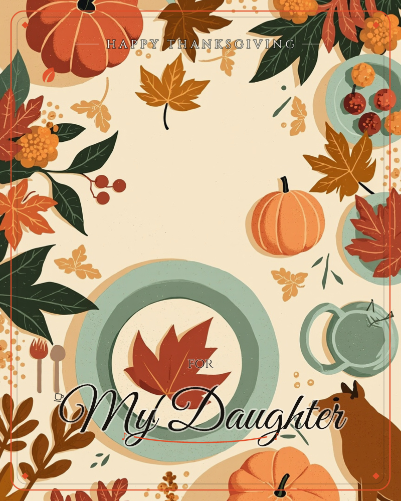 An overhead view of an autumn tablescape frames the page in a wreath of pumpkins, maple leaves, and dried berries on a cream cloth, a thanksgiving e-card design