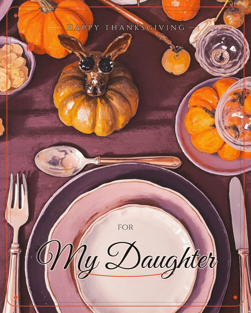An autumn table setting painted in rich detail, with a whimsical rabbit-eared pumpkin sitting front and center among mini pumpkins, glass bowls, and…, a thanksgiving e-card design
