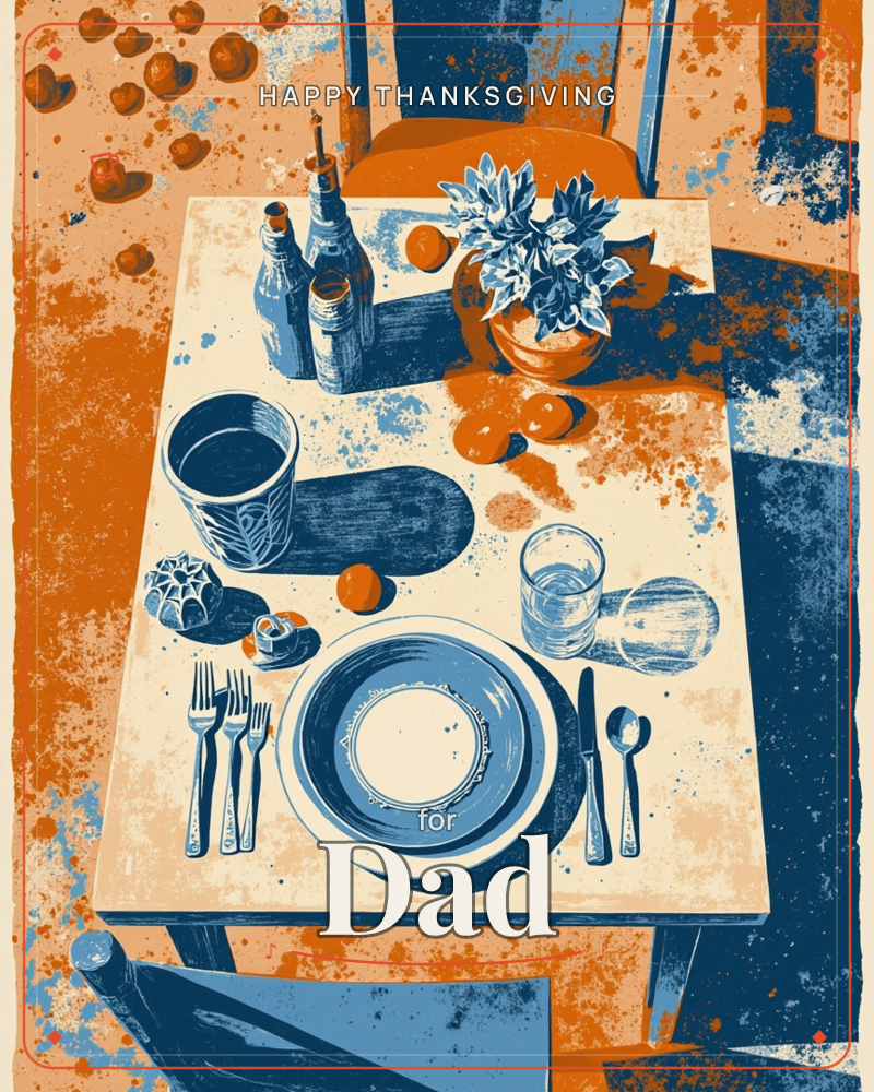 A table is set for a single meal, viewed from above in bold orange and navy tones: an empty plate flanked by cutlery, a glass of water, small bottles…, a thanksgiving e-card design