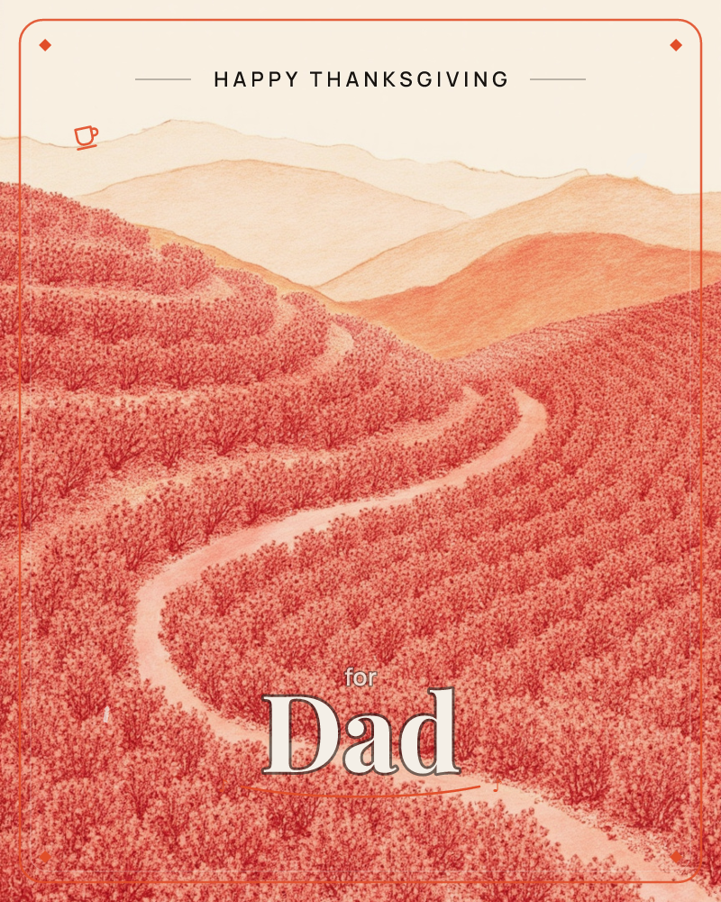 A winding path curves through dense rows of shrub-covered hills, all rendered in glowing coral and terracotta red, with softer peach mountains layered…, a thanksgiving e-card design