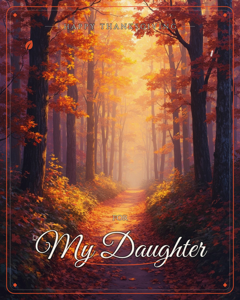 A quiet dirt path curves through an autumn forest, disappearing into a glowing haze of golden light, a thanksgiving e-card design