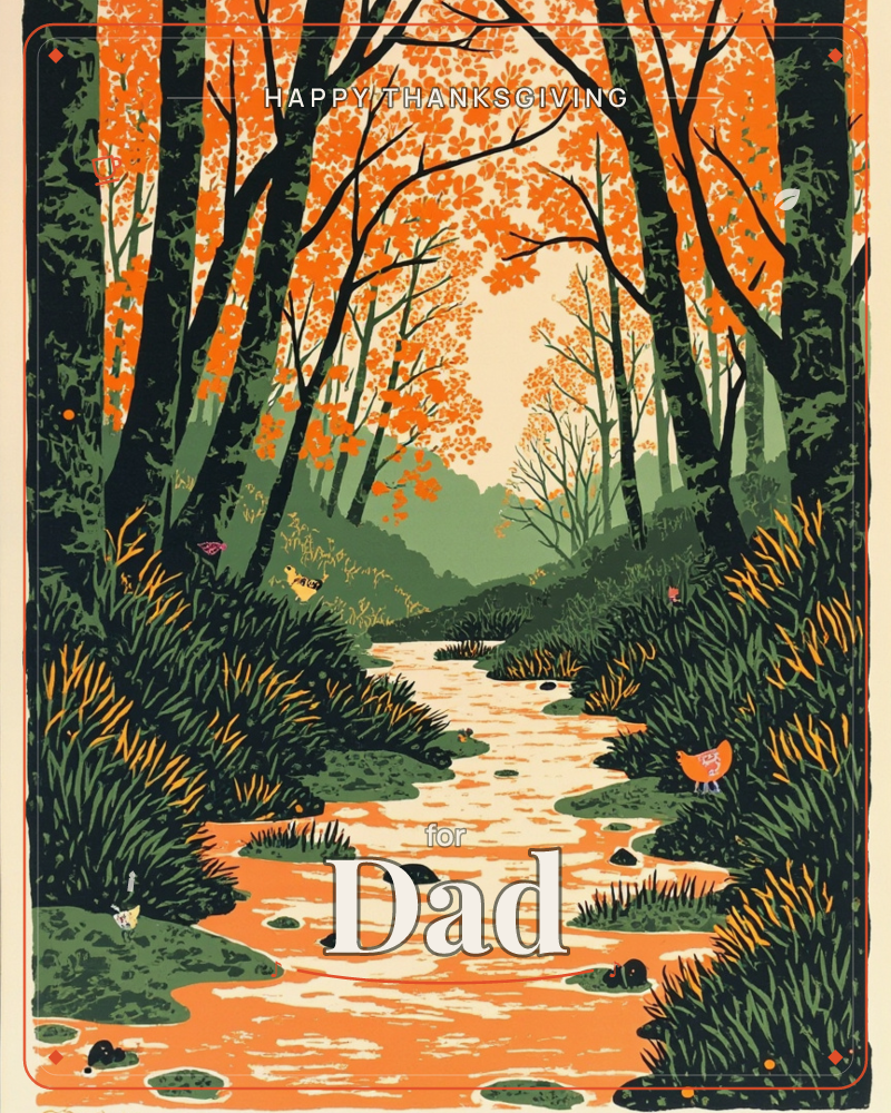A woodland stream winds toward a pale glowing horizon, framed by tall dark tree trunks and a canopy of orange autumn leaves, a thanksgiving e-card design
