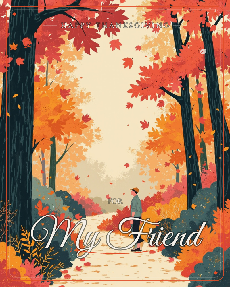 A wooded path glows with autumn color as tall trees arch overhead, their leaves in shades of red, orange, and gold, a thanksgiving e-card design
