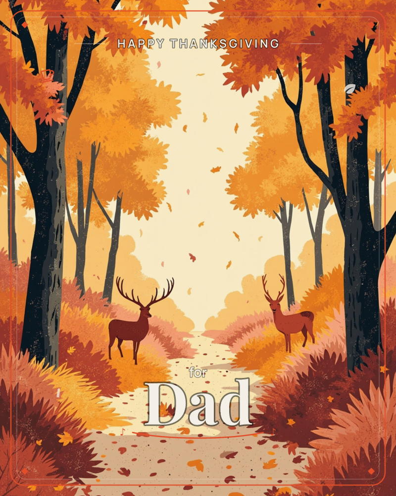 An autumn woodland path glows in amber and gold as two antlered deer stand facing each other among the trees, a thanksgiving e-card design