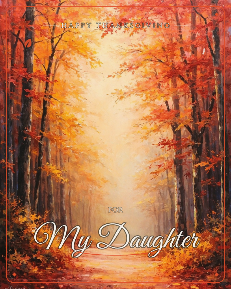 A quiet forest path stretches into a glowing haze, framed by tall trees ablaze in autumn red, orange, and gold, a thanksgiving e-card design