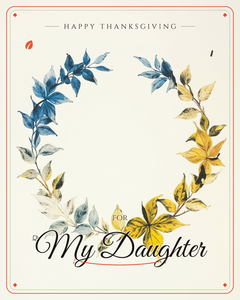 A hand-painted wreath of leafy branches curves into a circle on a soft cream background, one side rendered in deep blues and misty grey-whites, the…, a thanksgiving e-card design