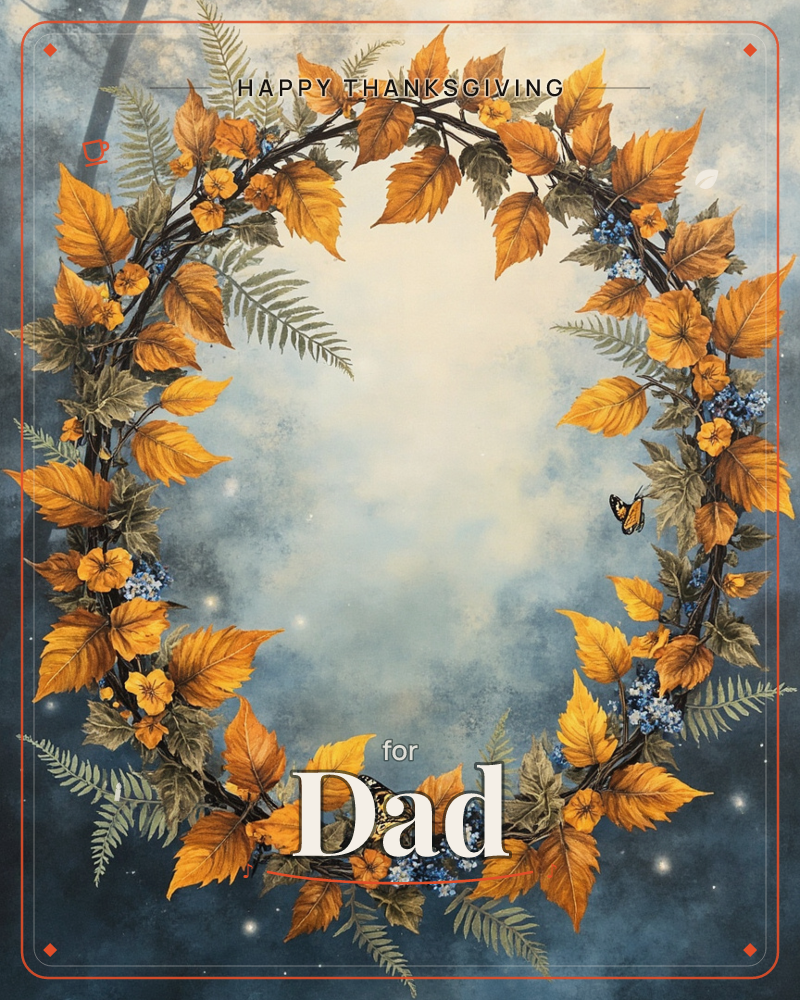 An oval wreath of golden autumn leaves, ferns, and small blue flowers glows against a misty, deep teal-blue background, a thanksgiving e-card design