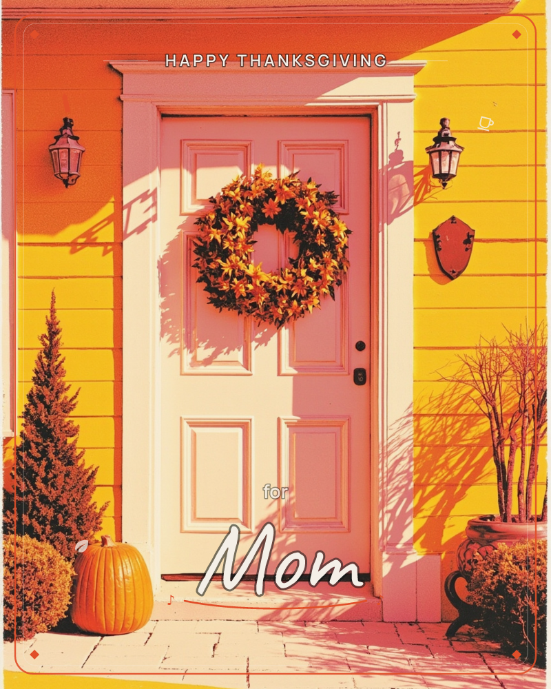 A white front door hangs with an autumn leaf wreath, set against a bright yellow clapboard house glowing in warm afternoon sun, a thanksgiving e-card design