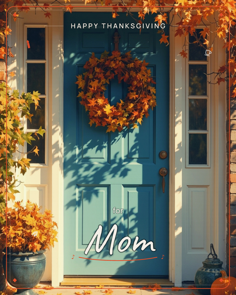 A soft blue front door is dressed with an autumn leaf wreath, framed by white paneled sidelights and trim, a thanksgiving e-card design