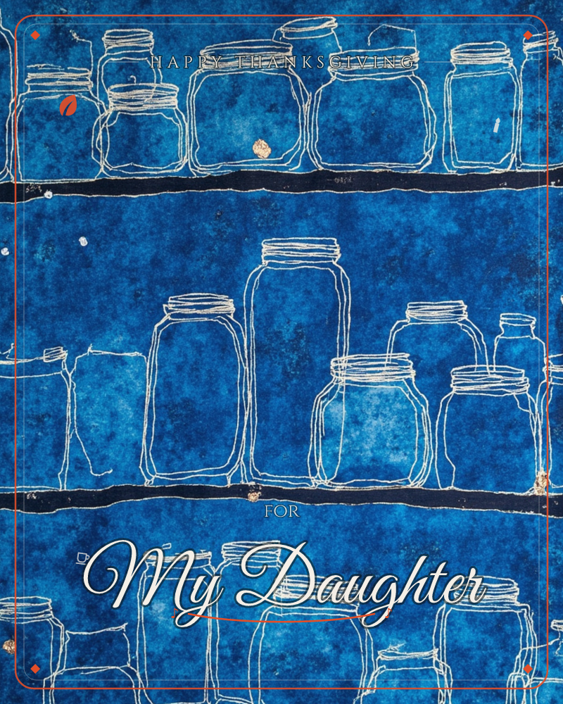 Three shelves of jars and mason jars are sketched in loose white outline across a deep indigo, mottled background, with dark near-black bands marking…, a thanksgiving e-card design
