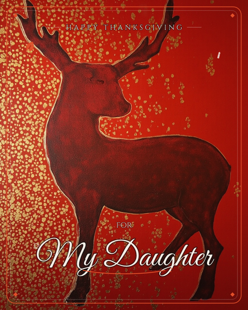 A regal stag stands in profile against a deep red background, its antlered silhouette rendered in darker burgundy tones with a fine gold outline, a thanksgiving e-card design