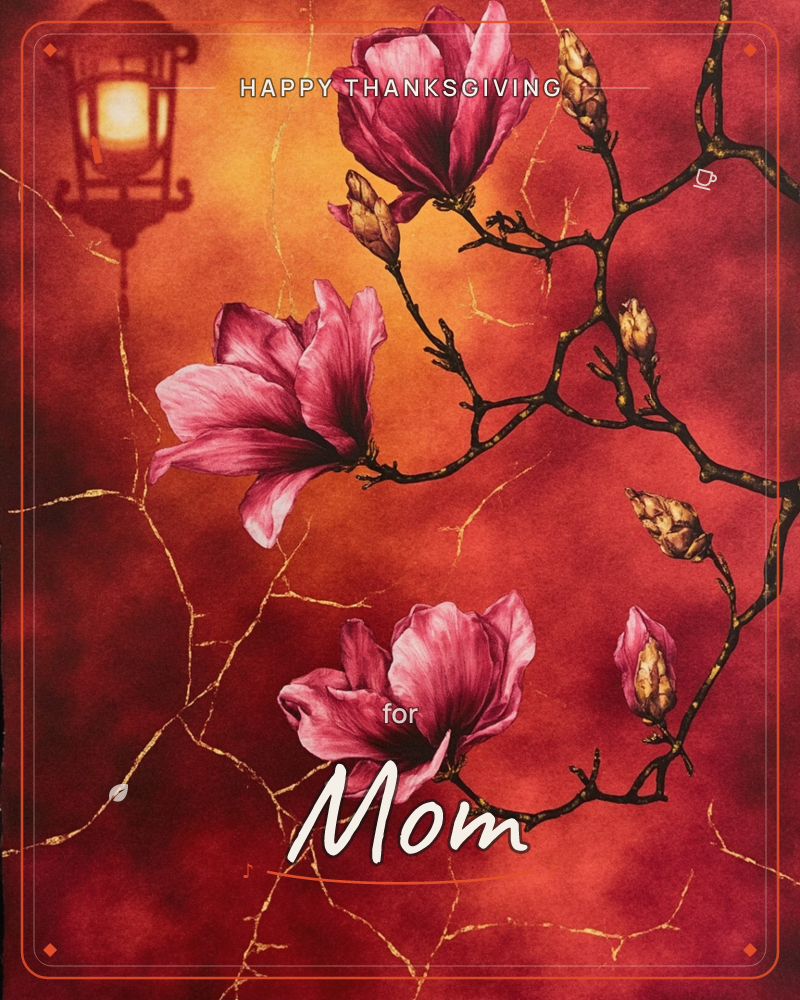 A magnolia branch stretches across a glowing red and amber background, its pink blossoms and unopened buds rendered in fine detail against dark…, a thanksgiving e-card design