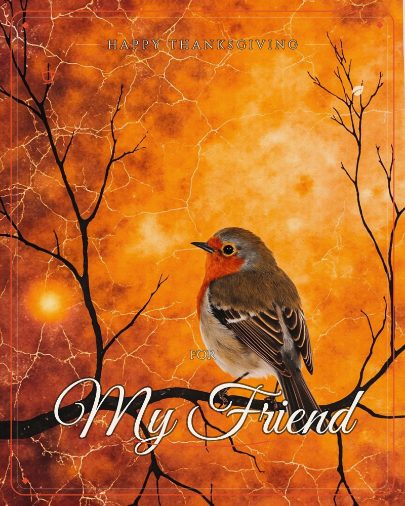 A robin with a bright orange face and breast perches on a bare, black branch, silhouetted against a glowing amber and rust-coloured textured sky, a thanksgiving e-card design