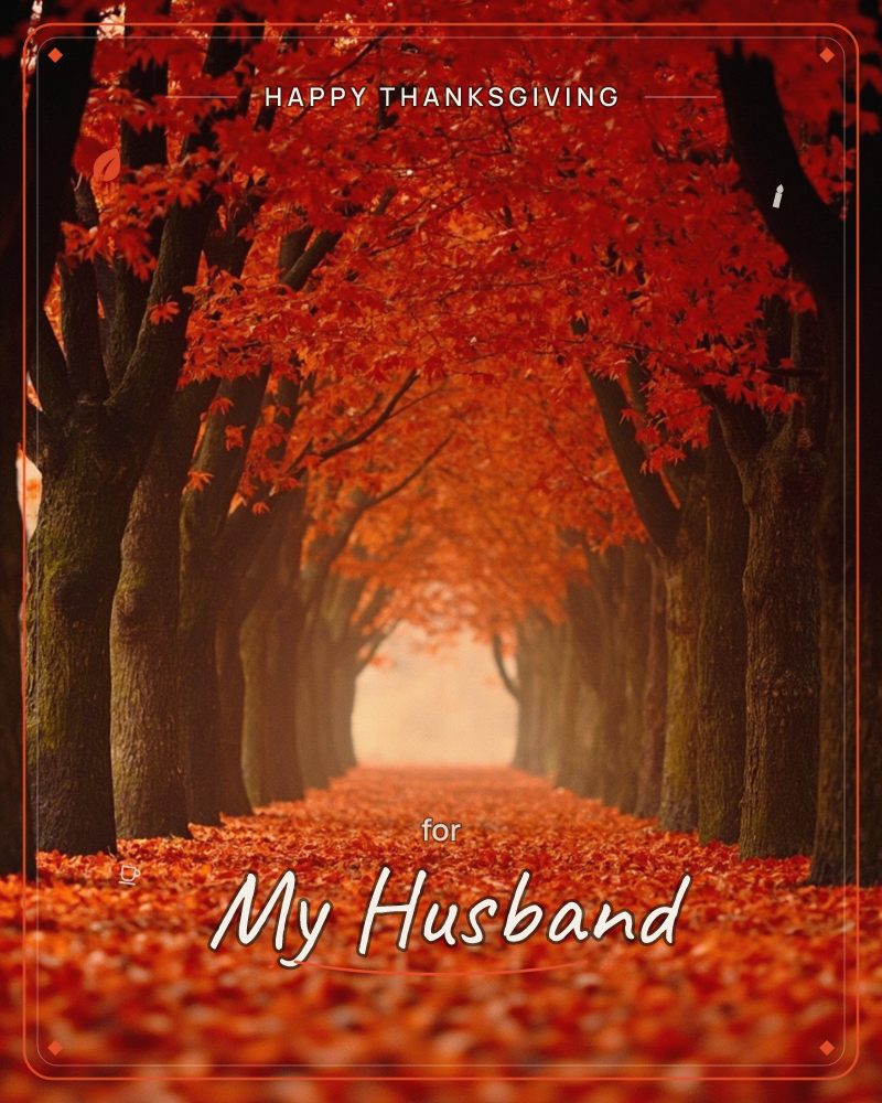 A tunnel of maple trees arches over a quiet path, their branches meeting overhead in a canopy of deep red leaves, a thanksgiving e-card design