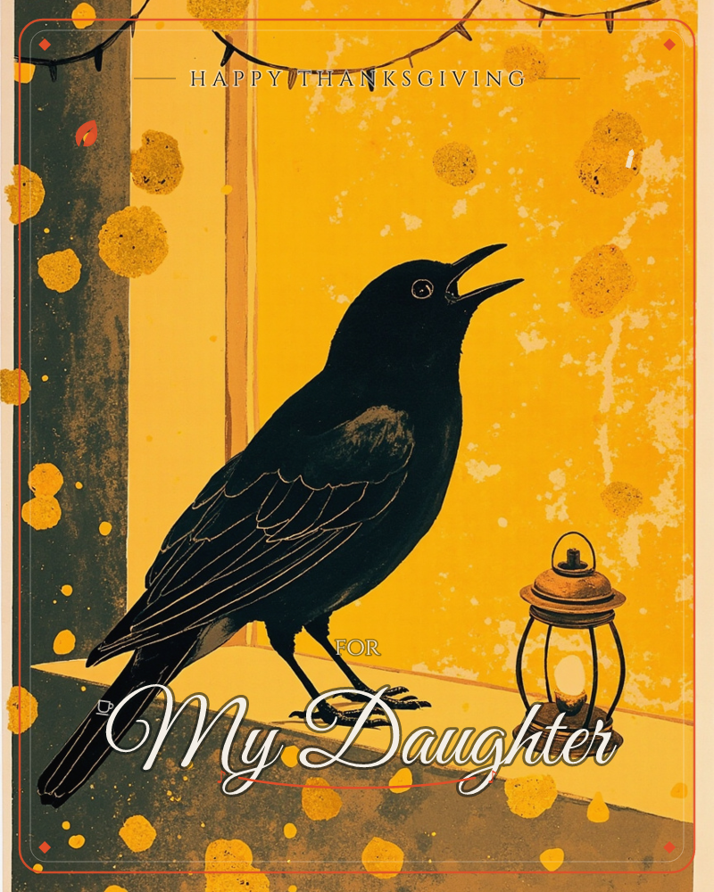 A black crow perches on a stone ledge beside a small lit lantern, its beak open as if calling out against a mottled golden-yellow wall, a thanksgiving e-card design