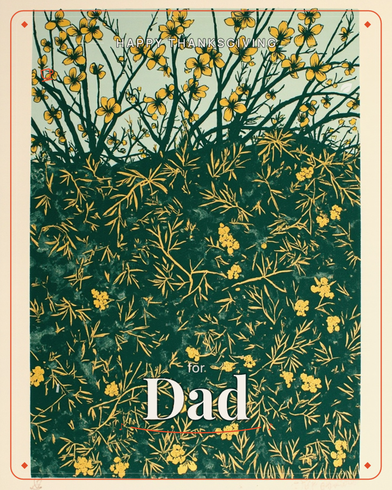 A dense thicket of gorse fills the page, its dark branches etched against a pale mint sky and scattered with small yellow blossoms, a thanksgiving e-card design