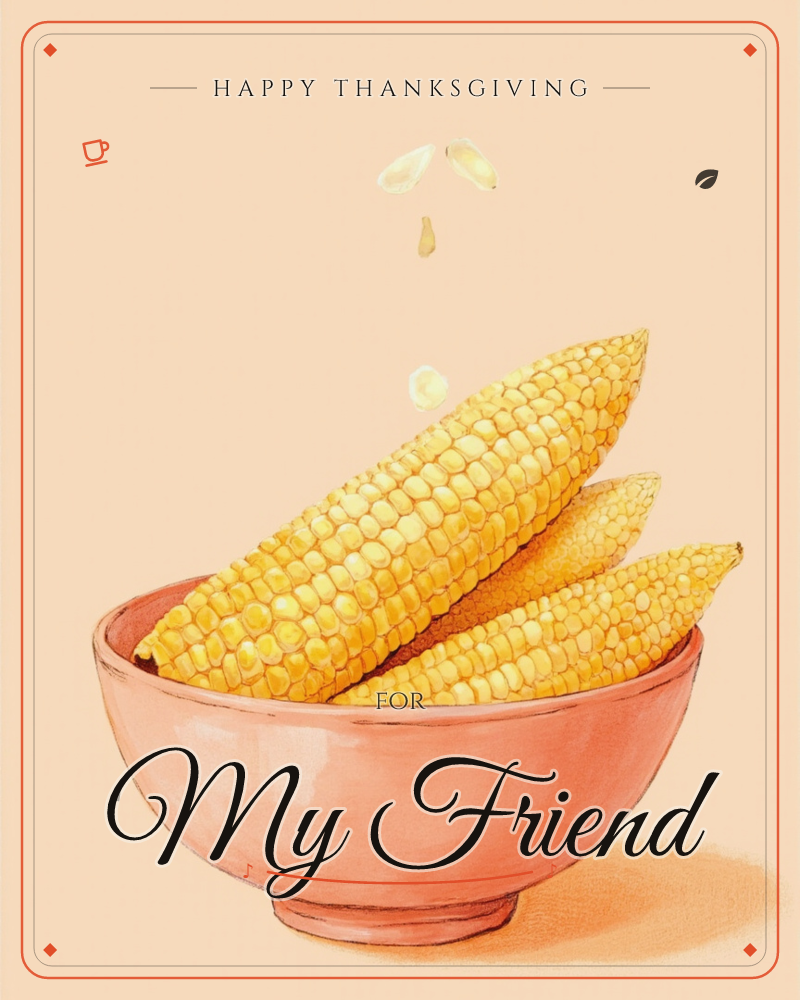 A terracotta-pink bowl holds three plump ears of husked corn, their golden kernels rendered in tidy rows of light and shadow, a thanksgiving e-card design