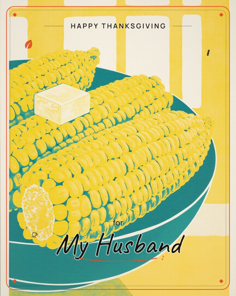 A stylized illustration shows three fat ears of corn piled on a teal plate, a pale cube of butter melting on top, all rendered in bold flat yellow and…, a thanksgiving e-card design