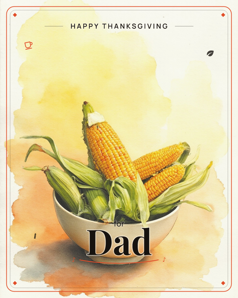 A cream bowl holds three ears of sweetcorn, husks peeled back to reveal plump golden kernels, set against a soft wash of yellow and orange watercolour…, a thanksgiving e-card design