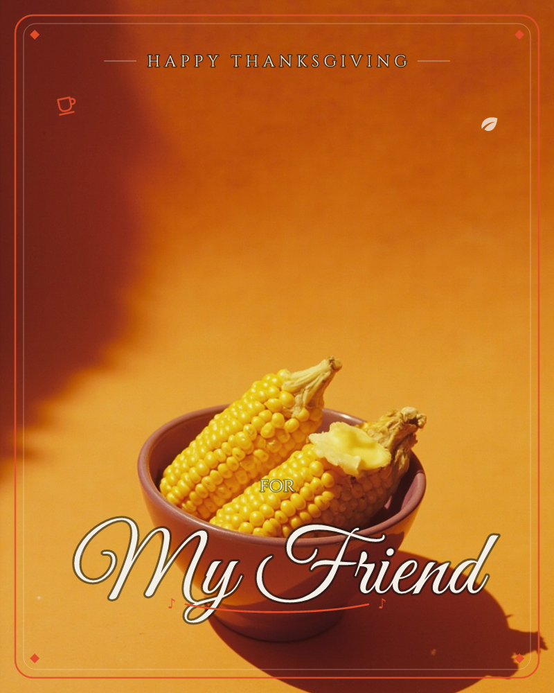 A small terracotta bowl holds two ears of buttered corn, set against a bold burnt-orange backdrop with a deep shadow falling across the upper left, a thanksgiving e-card design