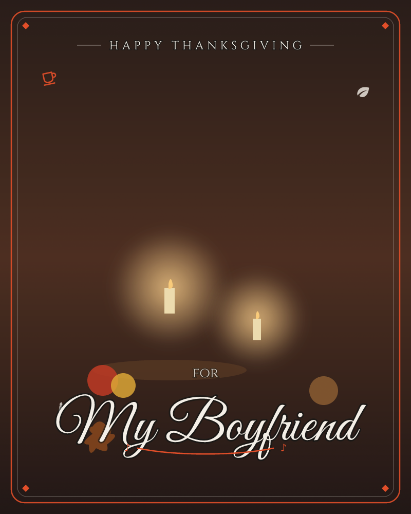 Two lit candles glow softly against a deep brown, almost black background, their warm halos illuminating a dim tabletop scene, a thanksgiving e-card design by @DittyCityTeam