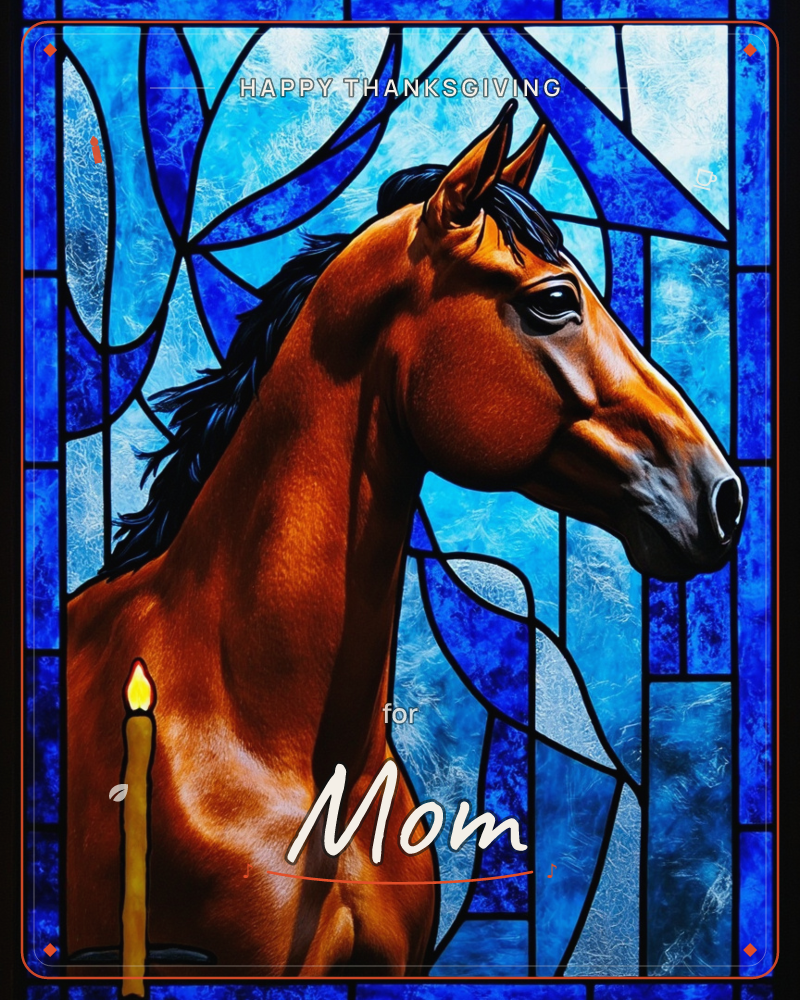 A stained-glass style window centres a bay horse with a dark flowing mane, its head turned in profile against a mosaic of icy and cobalt blue glass panels, a thanksgiving e-card design