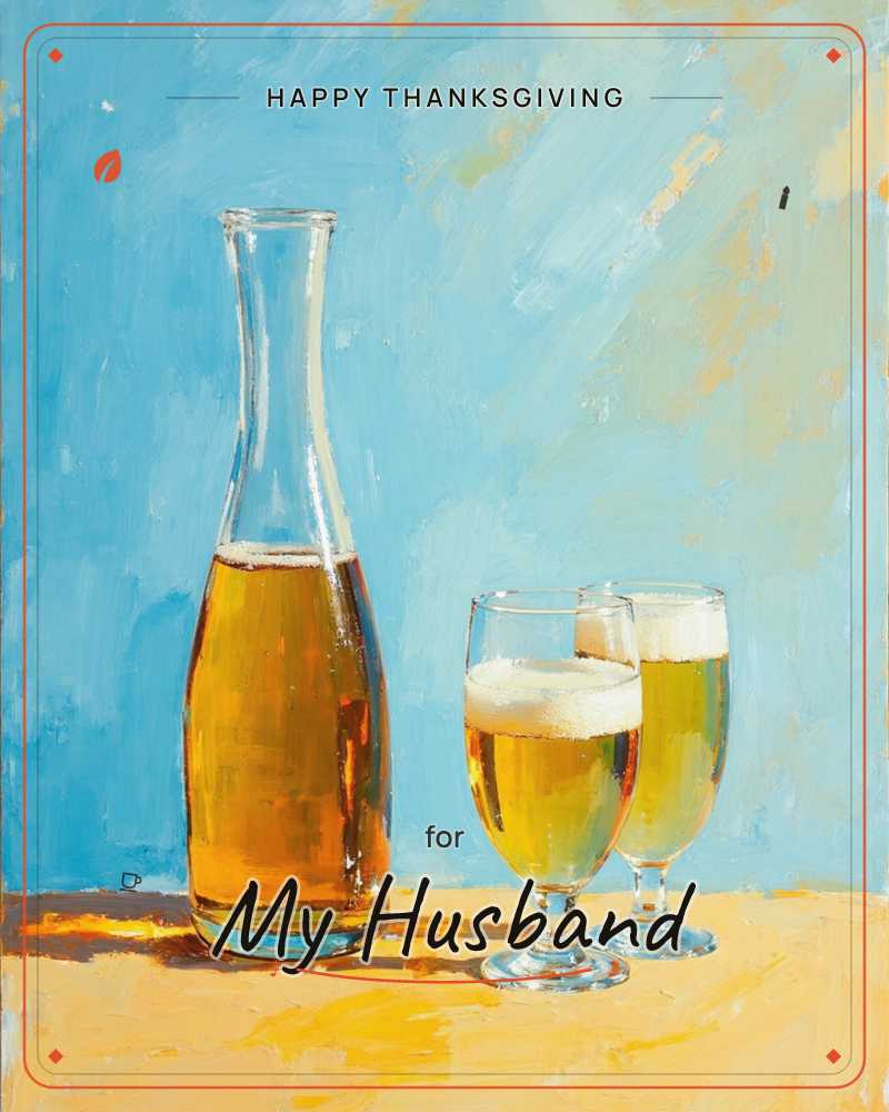 A glass carafe of golden beer stands beside two frothy-topped glasses on a sunlit yellow tabletop, all set against a loose, sky-blue painted background, a thanksgiving e-card design