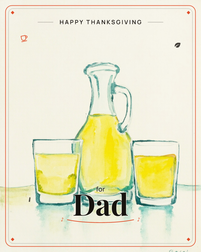 A simple watercolour still life shows a glass pitcher of golden lemonade flanked by two matching tumblers, all resting on a pale tabletop with soft…, a thanksgiving e-card design