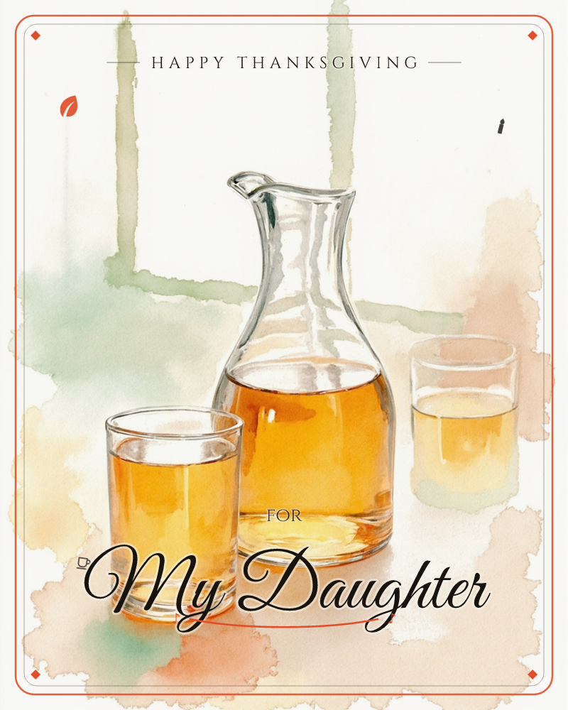 A watercolour still life shows a glass carafe of amber juice flanked by two filled glasses on a pale tabletop, loose washes of sage and peach bleeding…, a thanksgiving e-card design
