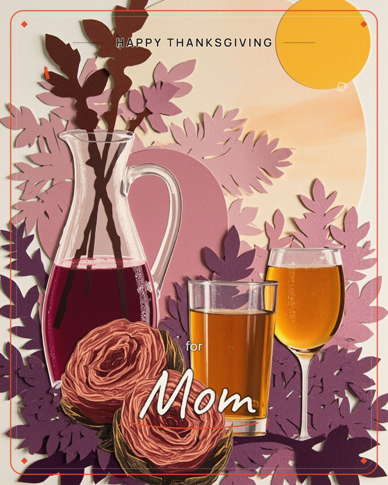 A layered paper-craft still life shows a glass carafe of dark red wine beside a tumbler and a stemmed glass of amber cider, with two quilled paper…, a thanksgiving e-card design