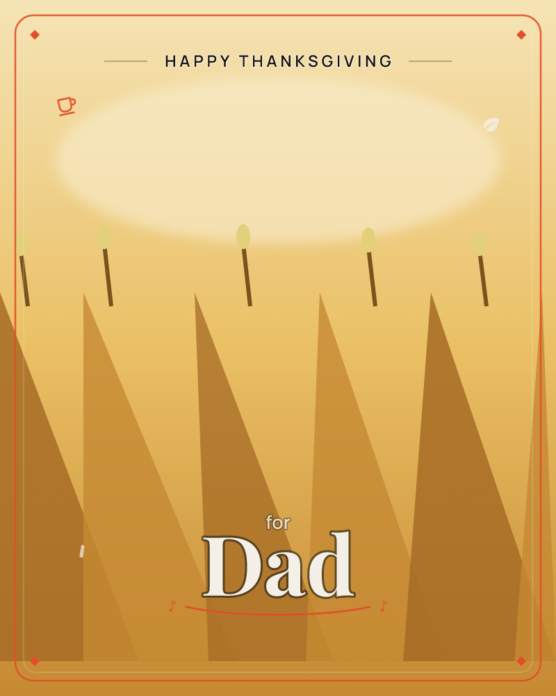 A row of tall triangular hills or dunes rises in layered shades of amber and brown beneath a glowing golden sky, with a soft oval haze of light…, a thanksgiving e-card design by @DittyCityTeam