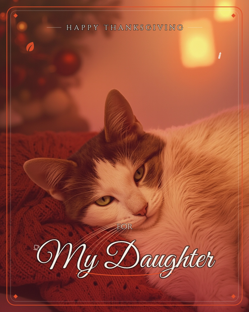 A brown and white cat lies curled on a chunky red knitted blanket, its green eyes half-lidded in the warm glow of candle-like lanterns hanging above, a thanksgiving e-card design