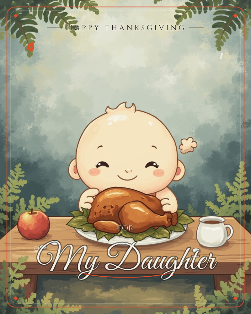 A round-faced baby sits at a wooden table with eyes closed and cheeks flushed, happily hugging a whole roasted turkey on a bed of greens, a thanksgiving e-card design