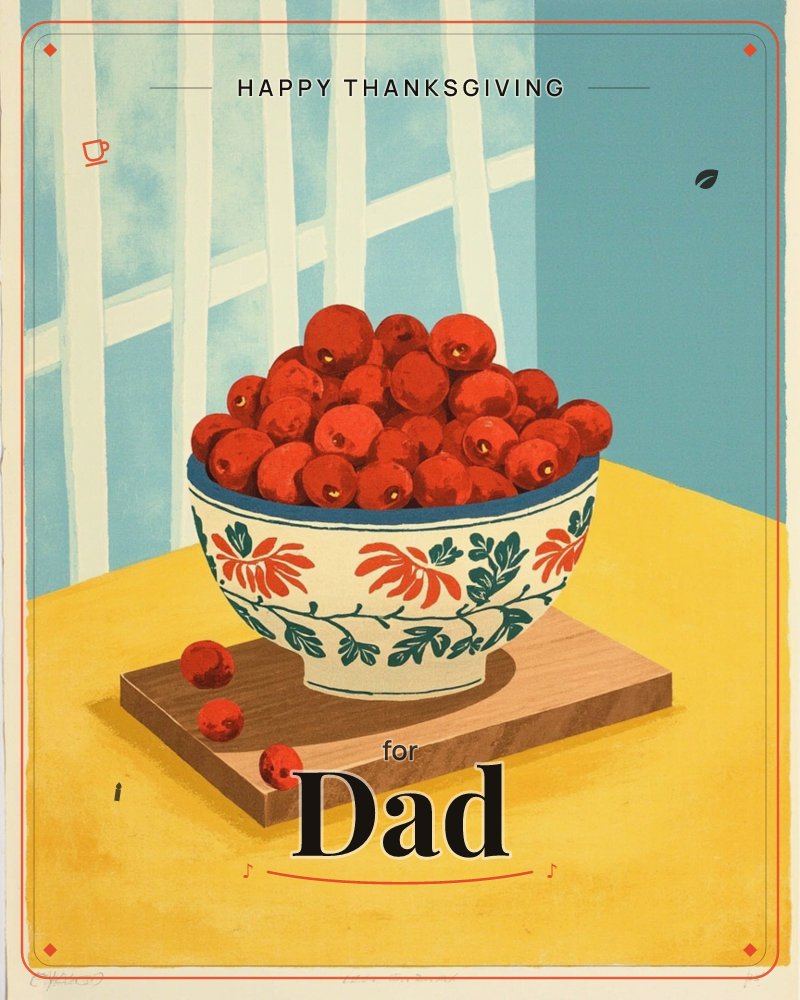 A patterned ceramic bowl overflows with glossy red cherries, set on a wooden board atop a mustard-yellow table, a thanksgiving e-card design