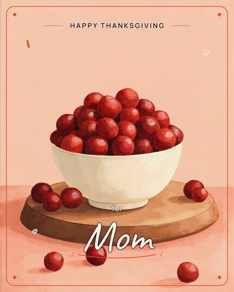 A white ceramic bowl sits heaped with glossy red cherries or cranberries, perched on a round wooden board against a plain peachy-pink backdrop, a thanksgiving e-card design