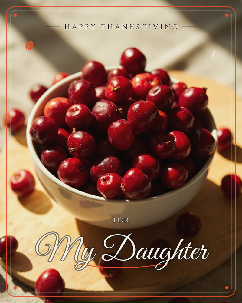 A white bowl piled high with glossy fresh cranberries sits on a round wooden board, with stray berries scattered across the table around it, a thanksgiving e-card design