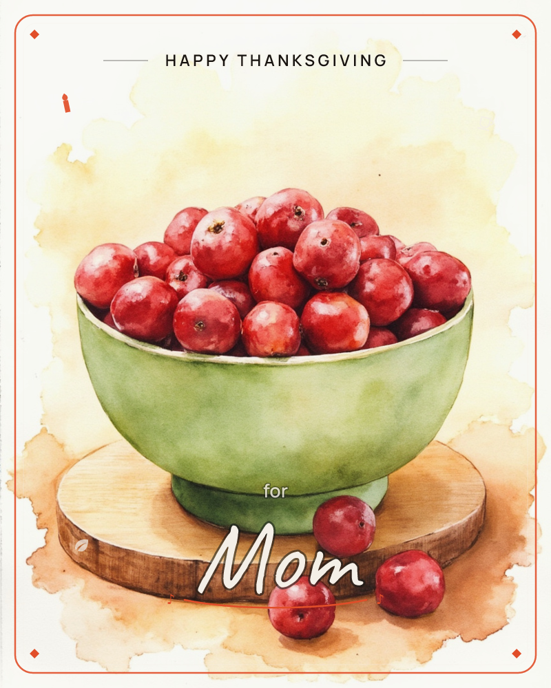 A soft watercolour painting shows a sage-green bowl piled high with glossy red cranberries, resting on a round wooden board, a thanksgiving e-card design