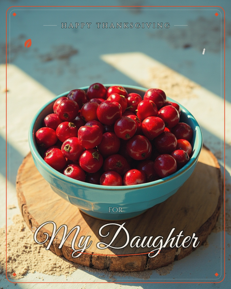 A turquoise ceramic bowl brims with glossy red cranberries, set atop a rustic wood slab on a weathered pale surface streaked with sunlight, a thanksgiving e-card design