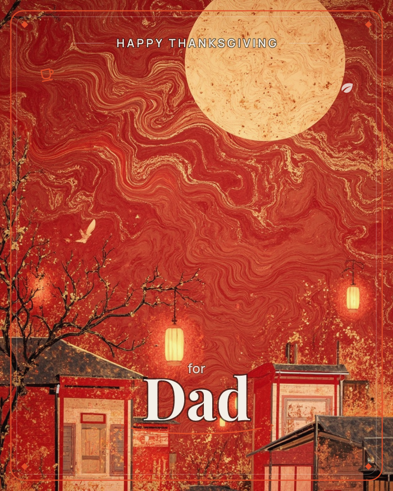 A large pale moon hangs over a village of red-roofed rooftops, its marbled swirling sky rendered in deep crimson and gold like flowing lacquer, a thanksgiving e-card design
