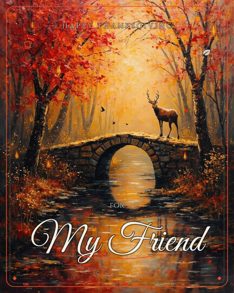 A stag stands atop an old stone footbridge arching over a still, reflective pond, deep in an autumn forest glowing amber and crimson, a thanksgiving e-card design