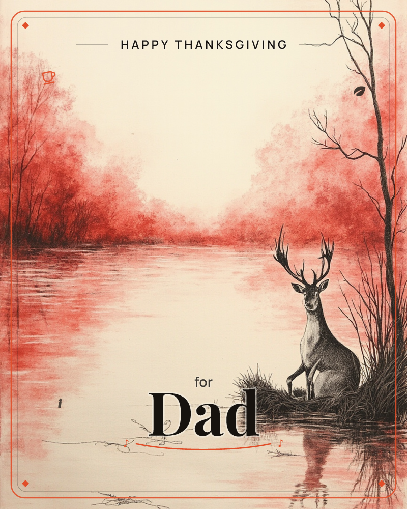 A antlered stag stands at the water's edge on a small grassy bank, gazing back over its shoulder toward the viewer, a thanksgiving e-card design