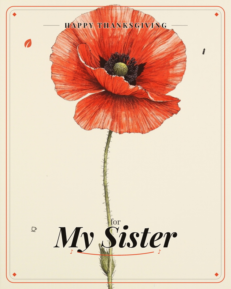 A single red poppy stands alone on a soft cream background, its papery petals rendered with fine ink linework and delicate veining, a thanksgiving e-card design