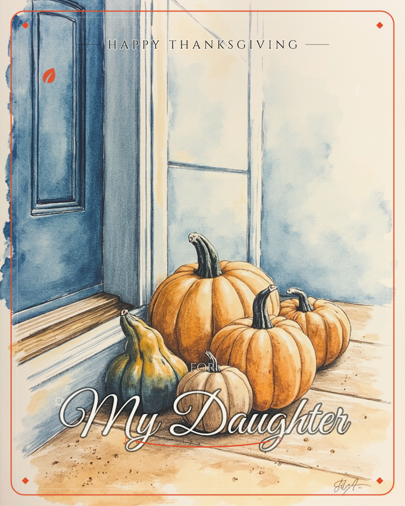A cluster of pumpkins and gourds sits on a wooden porch step beside a blue front door, painted in loose watercolour washes, a thanksgiving e-card design
